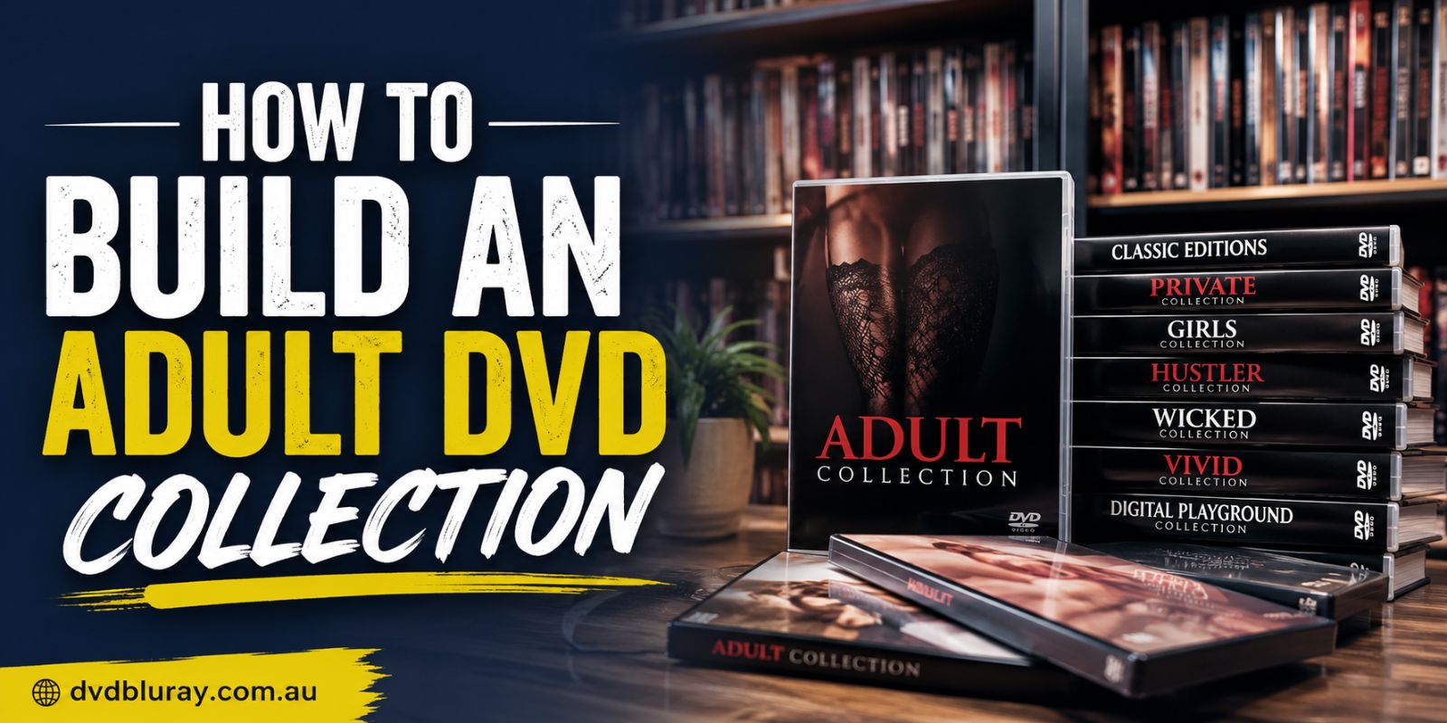 Banner promoting 'How to Build an Adult DVD Collection' with bold yellow 'ADULT DVD' text and a row of labeled DVD cases on a shelf.
